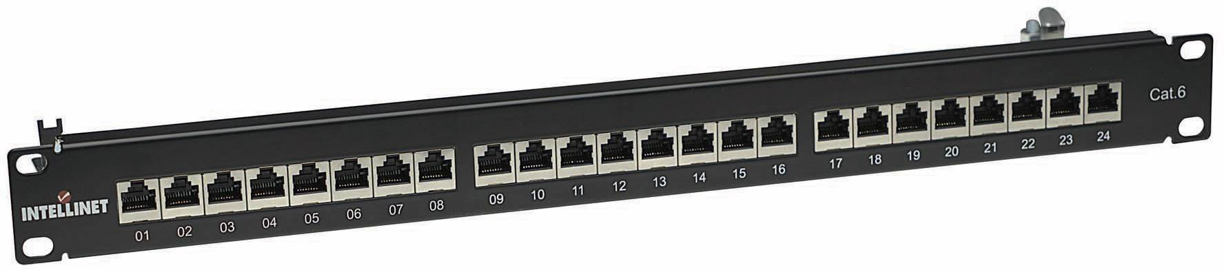 Patchpanel mit 24 Ethernet-Ports, nummeriert von 1 bis 24, schwarze Metallplatte mit Halterungen an den Seiten zur Montage in einem Rack.