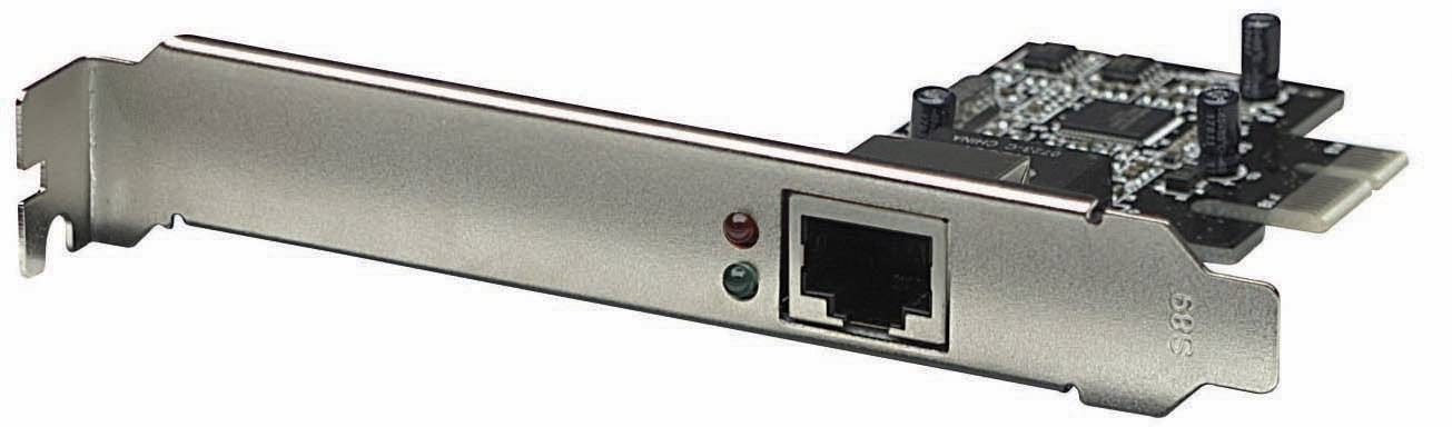 Eine PCI-Netzwerkkarte mit einem Ethernet-Anschluss und zwei Status-LEDs, geeignet für Desktop-Computer.