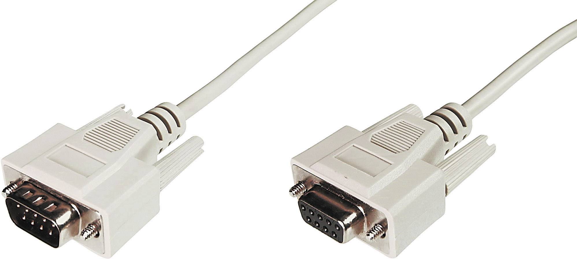 Zwei weiße serielle D-Sub-Stecker, einer männlich (rechts) und einer weiblich (links), verbunden durch ein Kabel auf weißem Hintergrund.