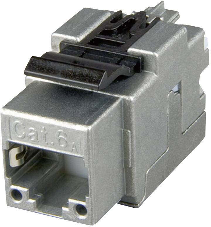 Ein silberner Cat.6A Netzwerkstecker, geeignet für den Anschluss von Ethernetkabeln in Datennetzwerken. Quadratische, metallische Form.
