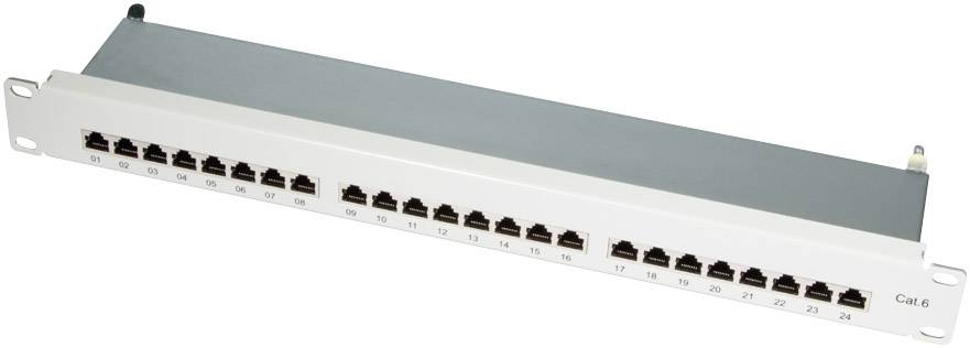 Patchpanel mit 24 RJ-45-Anschlüssen für Ethernet-Verbindungen, geeignet für Cat.6-Netzwerkkabel. Montierbar in einem Serverrack.