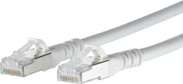 Zwei weiße Ethernet-Kabel mit RJ45-Steckern. Sie sind parallel nebeneinander angeordnet, vor weißem Hintergrund.