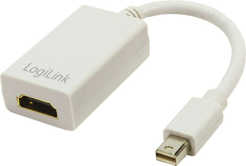 Ein weißer LogiLink Mini DisplayPort-zu-HDMI-Adapter mit kurzem Kabel.