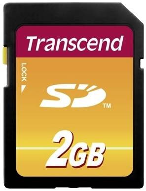 Eine SD-Karte mit der Aufschrift 'Transcend' und '2GB'.