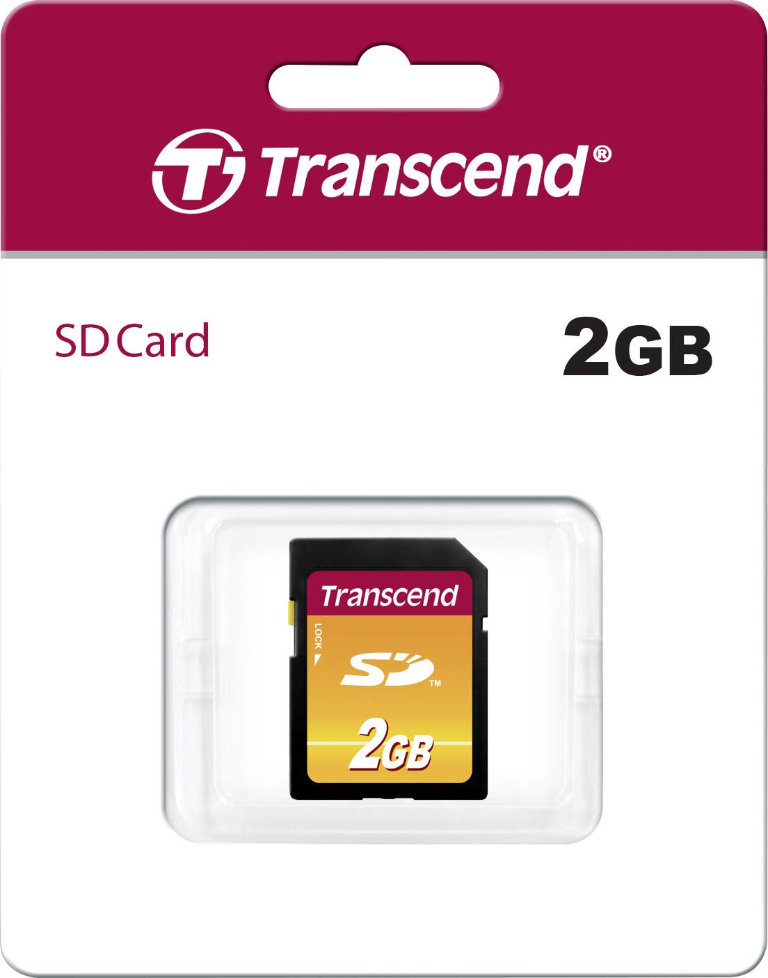 'Transcend' SD-Karte mit 2 GB Kapazität in roter und weißer Verpackung.