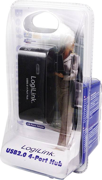 'LogiLink USB2.0 4-Port Hub' in einer transparenten Verpackung. Enthält ein schwarzes Gerät mit Power-Adapter.