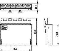 Maßzeichnung eines elektrischen Geräts mit Seiten- und Oberansichten. Abmessungen: 111,6 x 94,8 x 73,3 mm. Anschluss oben.