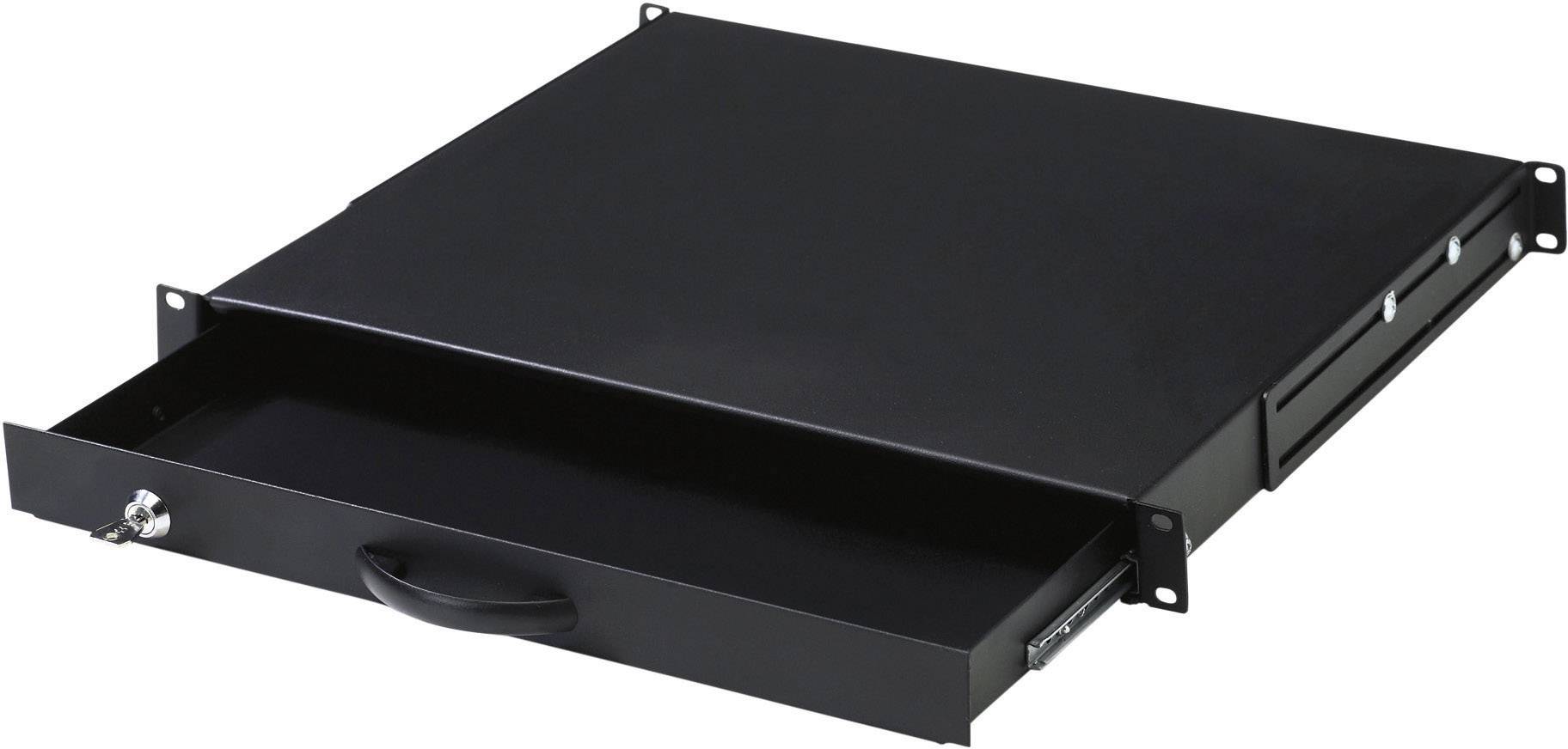 Ein schwarzer, abschließbarer Schubladeneinsatz für ein 19-Zoll-Rack. Die Schublade ist teilweise geöffnet und bleibt an beiden Seiten befestigt.