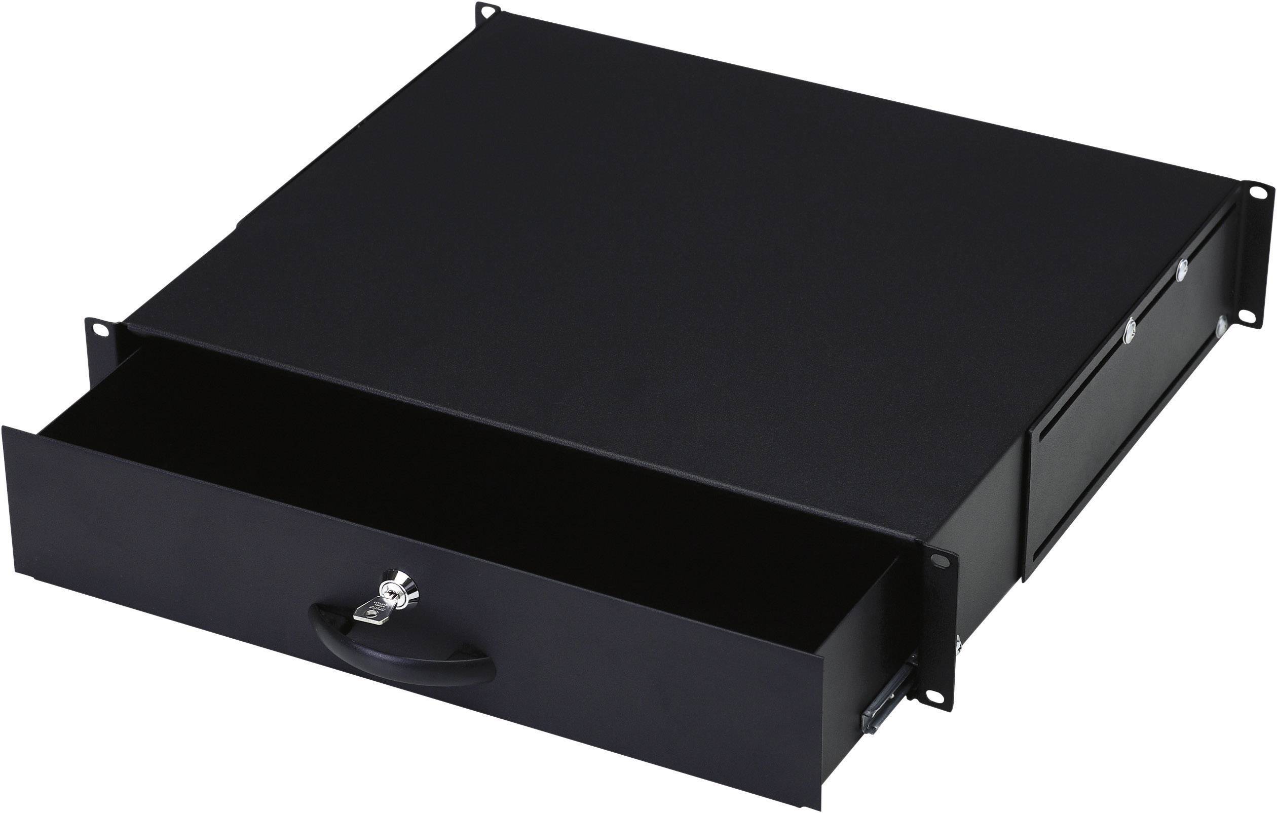 Ein schwarzer Metallschubladen-Einsatz mit Griff und Schloss. Ideal zur Sicherung von Dokumenten oder kleinen Gegenständen in einem Schrank.