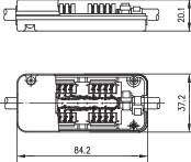 Technische Zeichnung eines elektrischen Bauteils mit Abmessungen von 54,2 x 30,1 x 17,2 mm, zeigt interne Komponenten und Anschlussdetails.