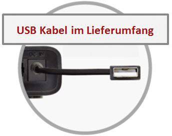 'USB Kabel im Lieferumfang' steht über einem Bild eines USB-Kabels, das in ein Gerät eingesteckt wird.