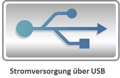 Symbol der Stromversorgung über USB, zeigt zwei Pfeile und Kreise in Blau auf grauem Hintergrund, Text darunter: 'Stromversorgung über USB'.