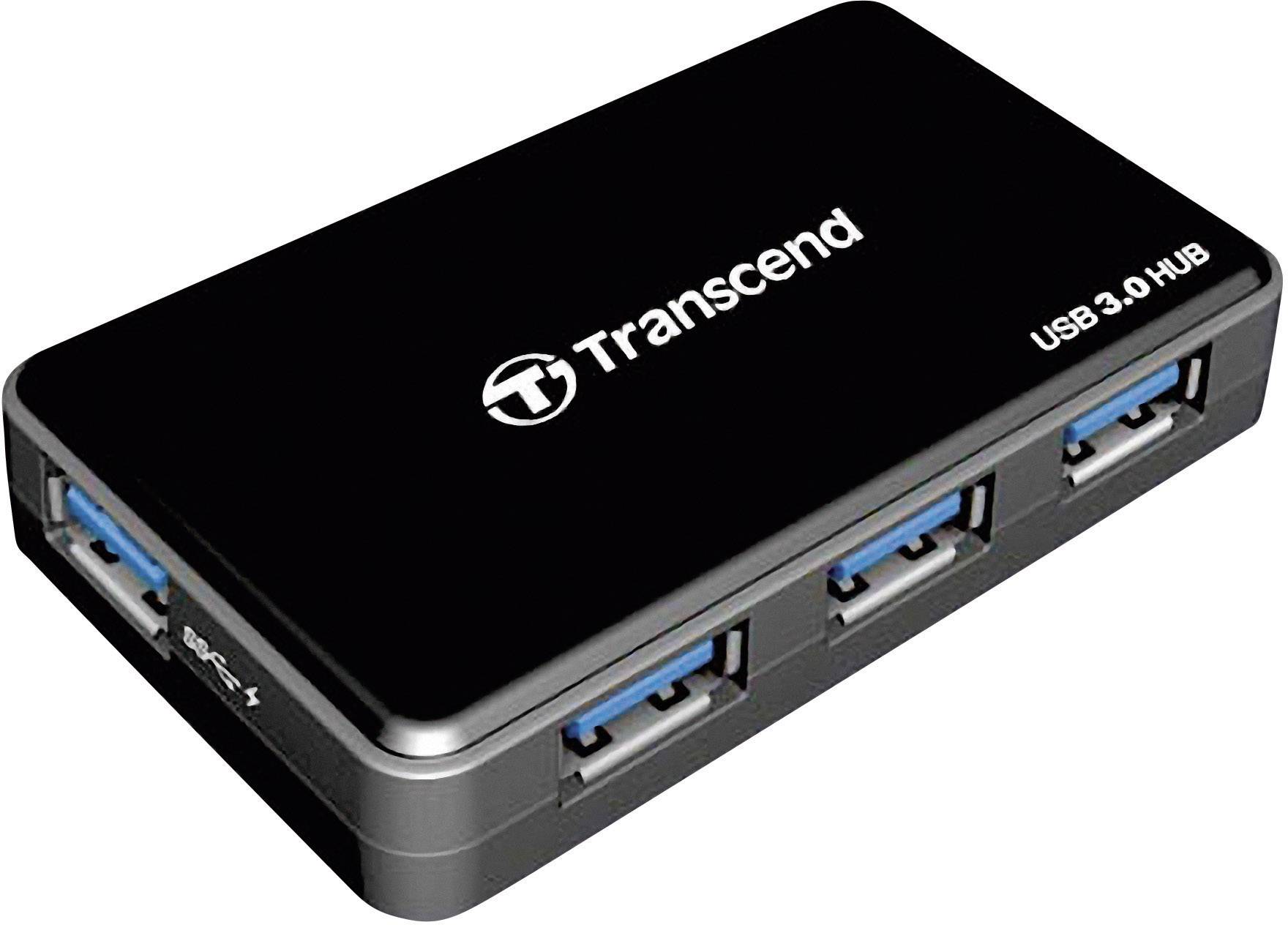 Schwarzer Transcend USB 3.0 Hub mit vier USB-Anschlüssen auf der Seite.
