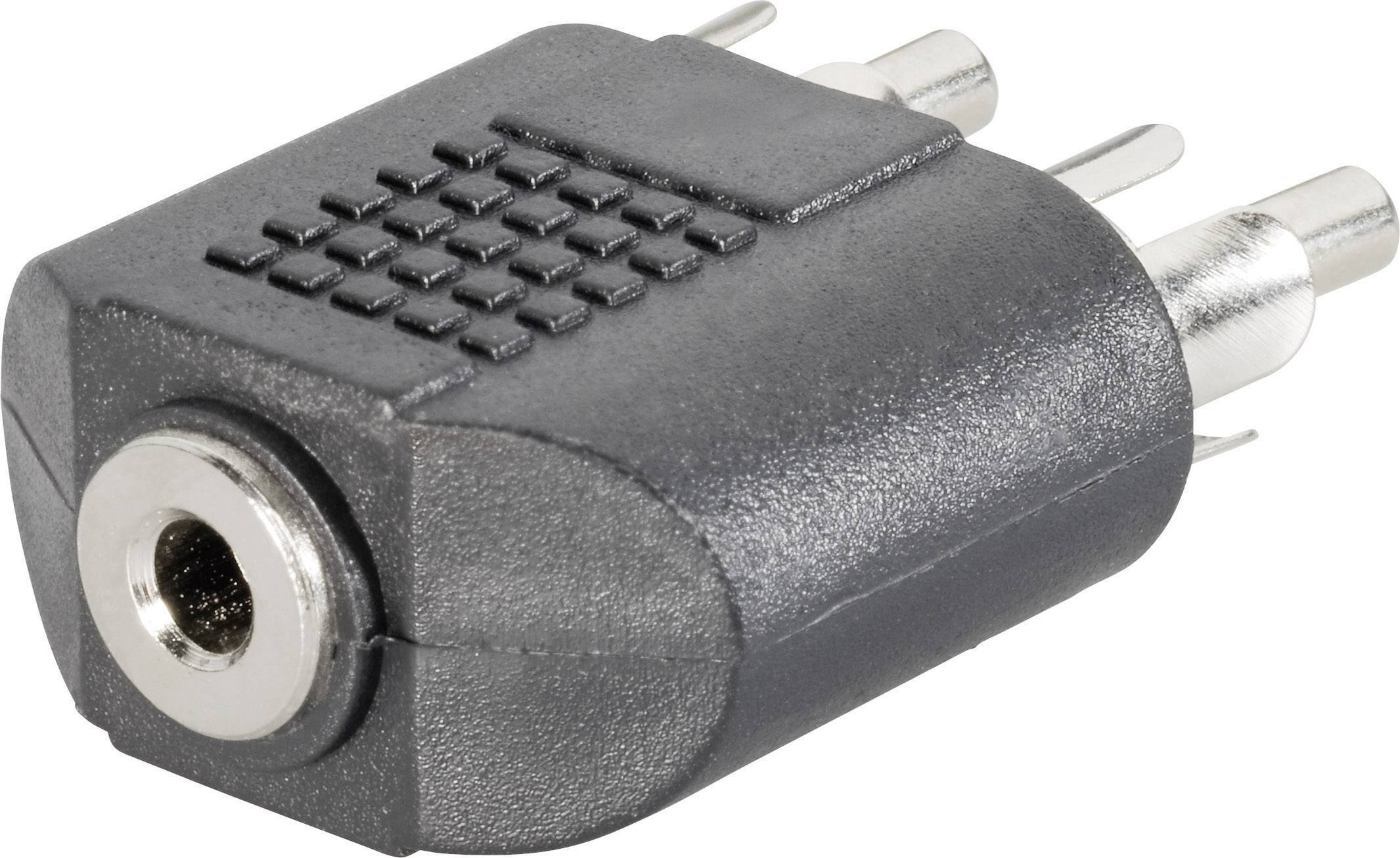 Schwarzer Audio-Adapter mit 3,5-mm-Buchse und zwei 3,5-mm-Steckern, dient zum Anschluss von Audiogeräten.