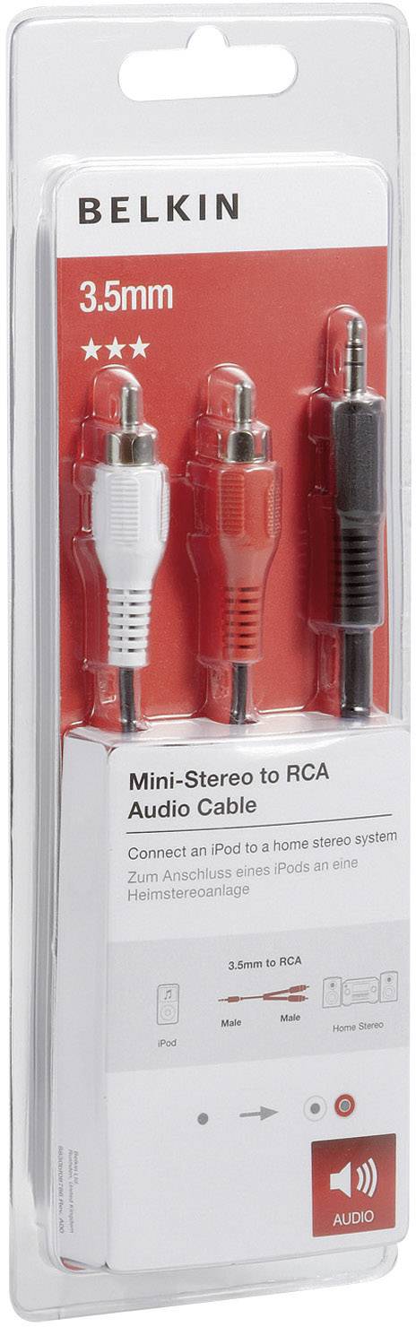 Belkin F3Y110bf5M Cinch / Klinke Audio Anschlusskabel [2x Cinch-Stecker - 1x Klinkenstecker 3.5 mm] 5.00 m Schwarz