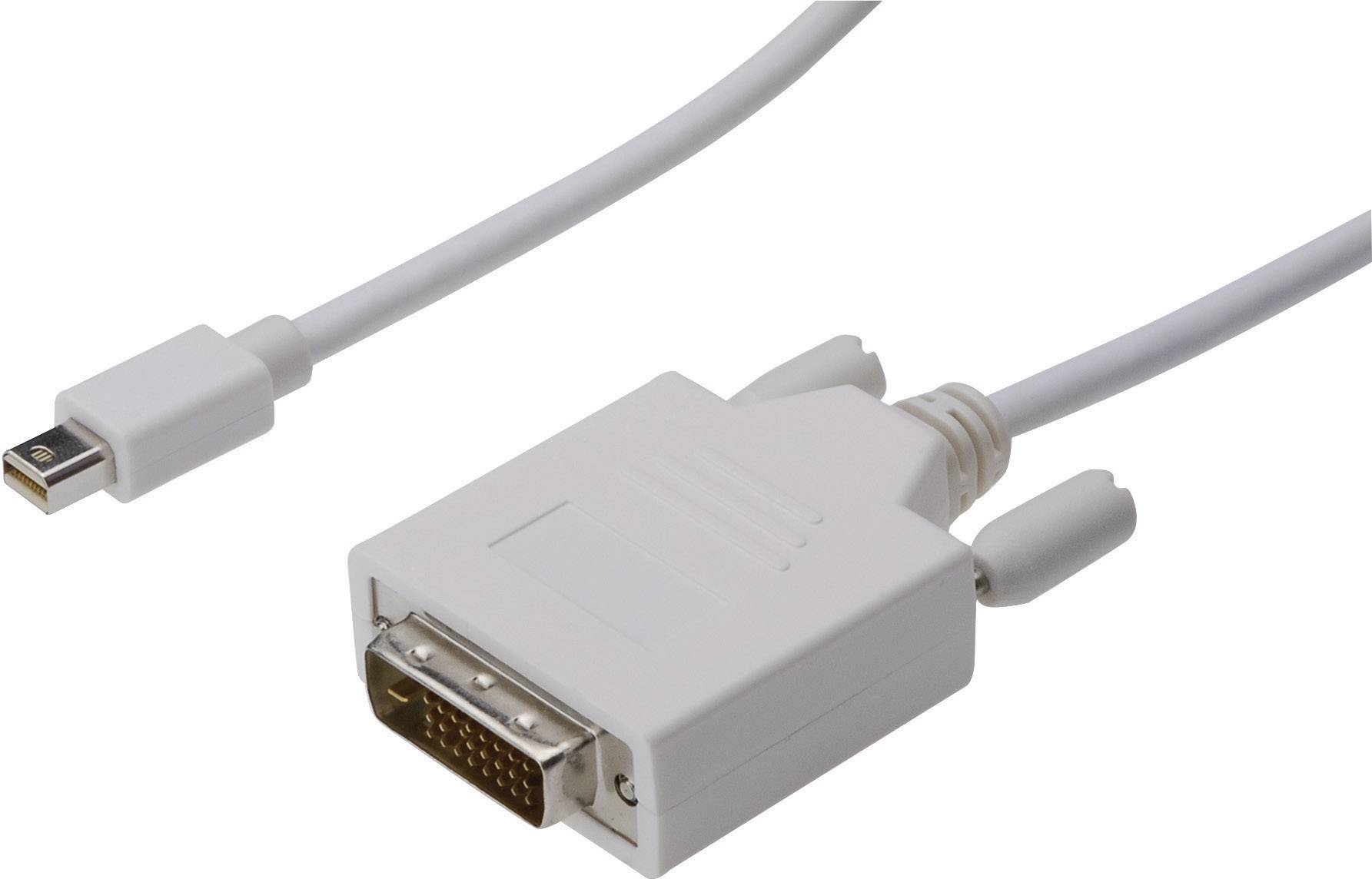 Ein weißes Kabel mit einem Mini-DisplayPort-Anschluss und einem DVI-Stecker, zum Verbinden von Computern mit Bildschirmen.