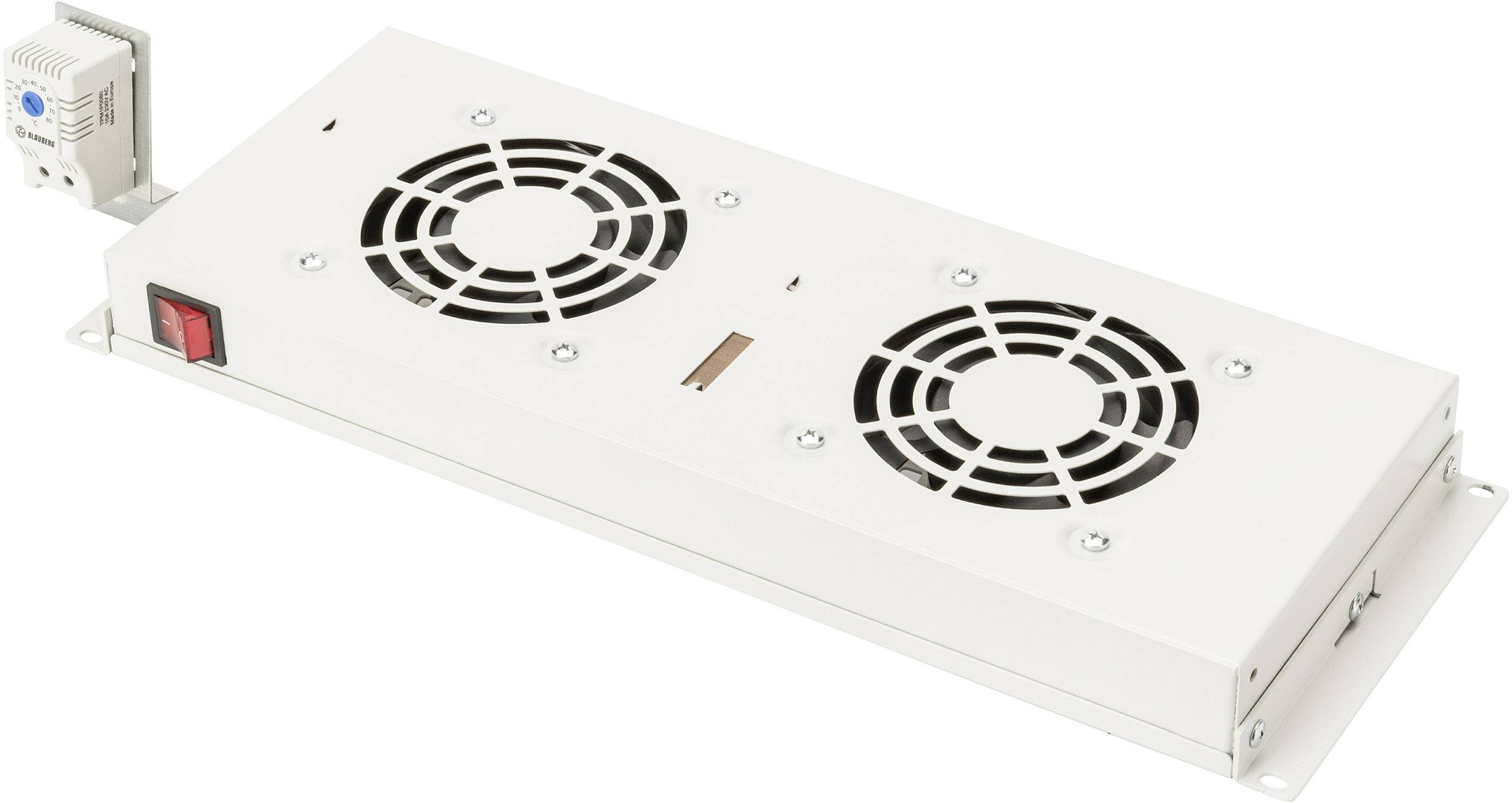 Ein weißes Lüftungsgerät mit zwei runden Lüftern, einem roten Schalter und einem weißen Sensor an der Seite auf einer weißen Fläche.