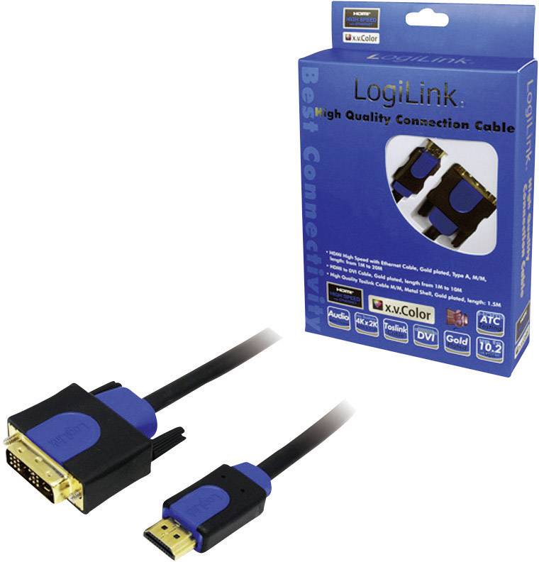 LogiLink DVI / HDMI Adapterkabel DVI-D 18+1pol. Stecker, HDMI-A Stecker 2.00m Schwarz CHB3102 vergoldete Steckkontakte