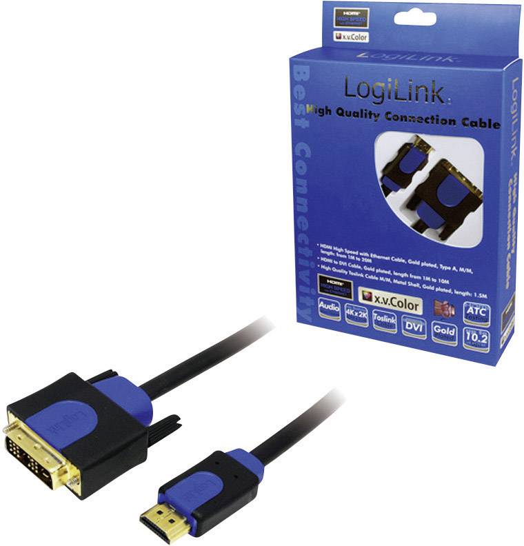 HDMI zu DVI Kabel, Marke LogiLink, 1,5m. Unterstützt 4K, 3D, Deep Color. Verpackung zeigt Spezifikationen und Markenlogos.