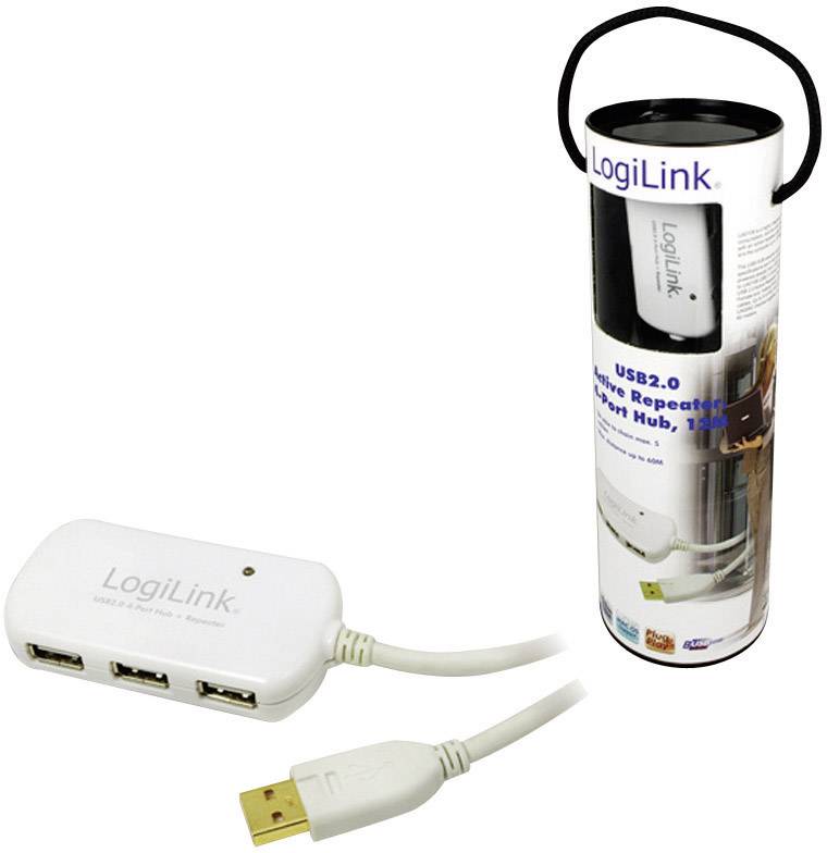 USB-2.0 Hub von LogiLink mit vier Anschlüssen und integriertem Kabel, verpackt in einer runden zylindrischen Box.