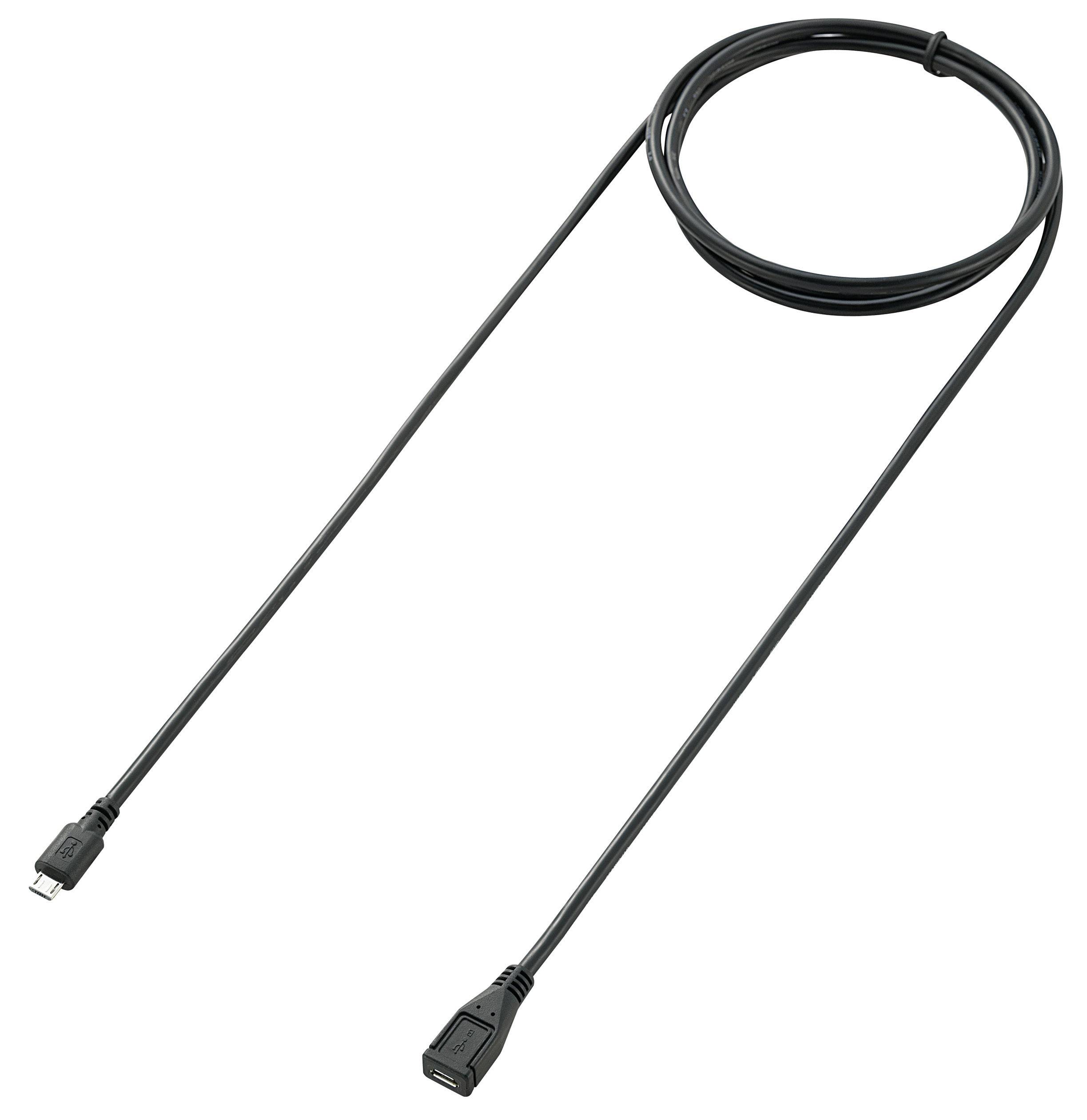Ein schwarzes USB-Kabel mit einem USB-A-Stecker auf einer Seite und einem Micro-USB-Stecker auf der anderen Seite.