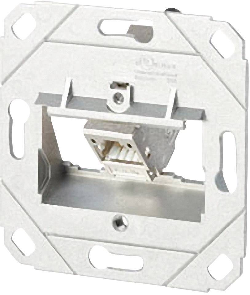 Weiße RJ45-Netzwerksteckdose mit quadratischer Montageplatte, geeignet für Wandinstallationen in Wohn- oder Büroräumen.