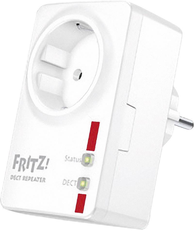 Ein weißer DECT-Repeater von FRITZ! mit Steckdose und zwei Statusanzeigen.