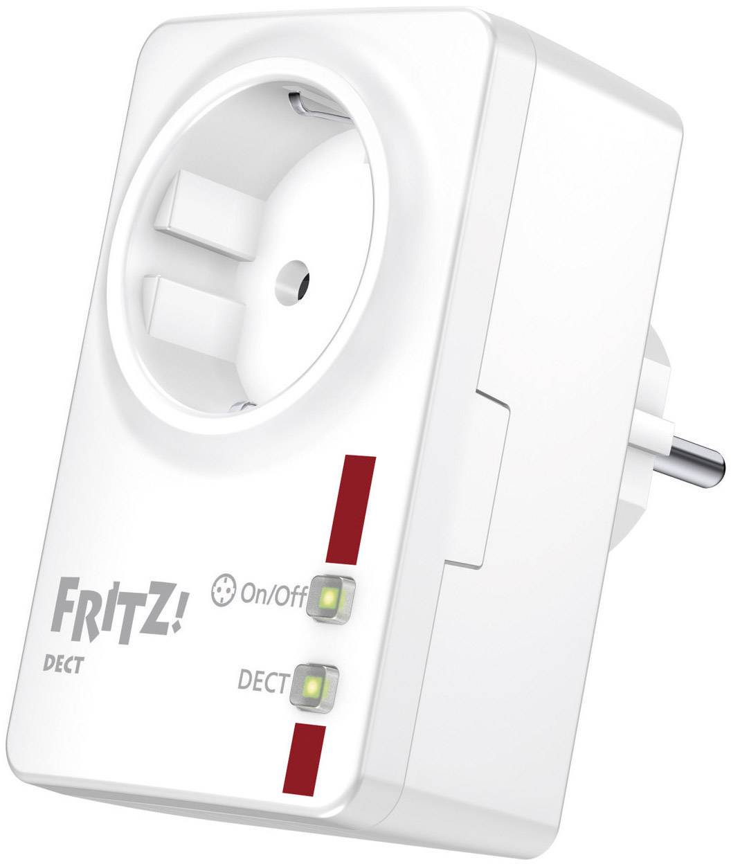 Weiße Steckdose der Marke 'FRITZ!', mit Schalter und zwei Kontrollleuchten für DECT-Verbindung. Es dient zur Fernsteuerung.
