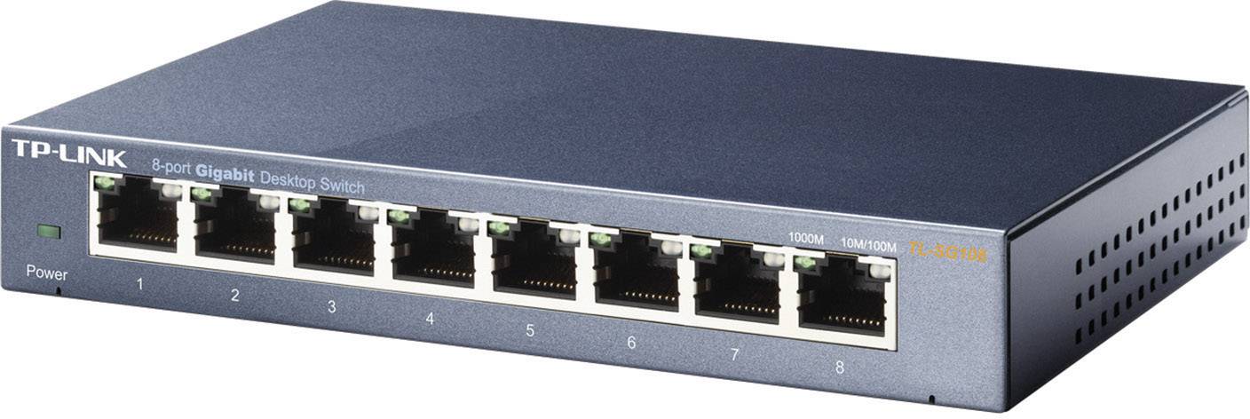 Ein 8-Port Gigabit Desktop Switch von TP-Link, Modell TL-SG1008D, zur Vernetzung mehrerer Geräte für schnelle Datenübertragung.
