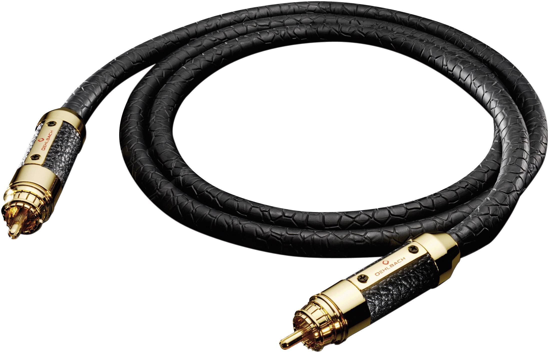 Schwarzes Audiokabel mit goldenen Anschlüssen. Optimiert für hochwertige Klangübertragung. Geeignet für Audioverbindungen in Heimkinos.