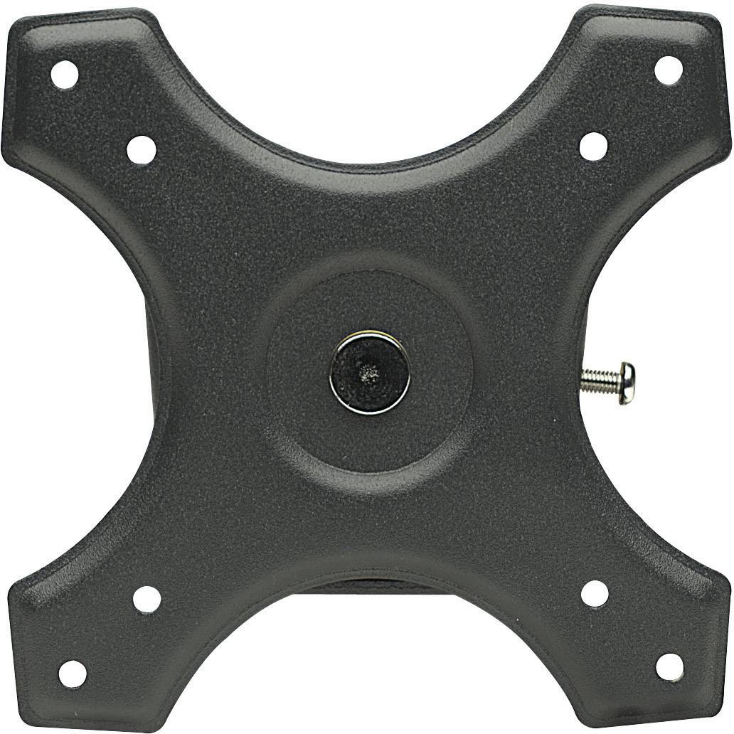 Eine schwarze, X-förmige TV-Wandhalterung aus Metall mit zentraler Schraubbefestigung und mehreren Befestigungslöchern an den Enden.