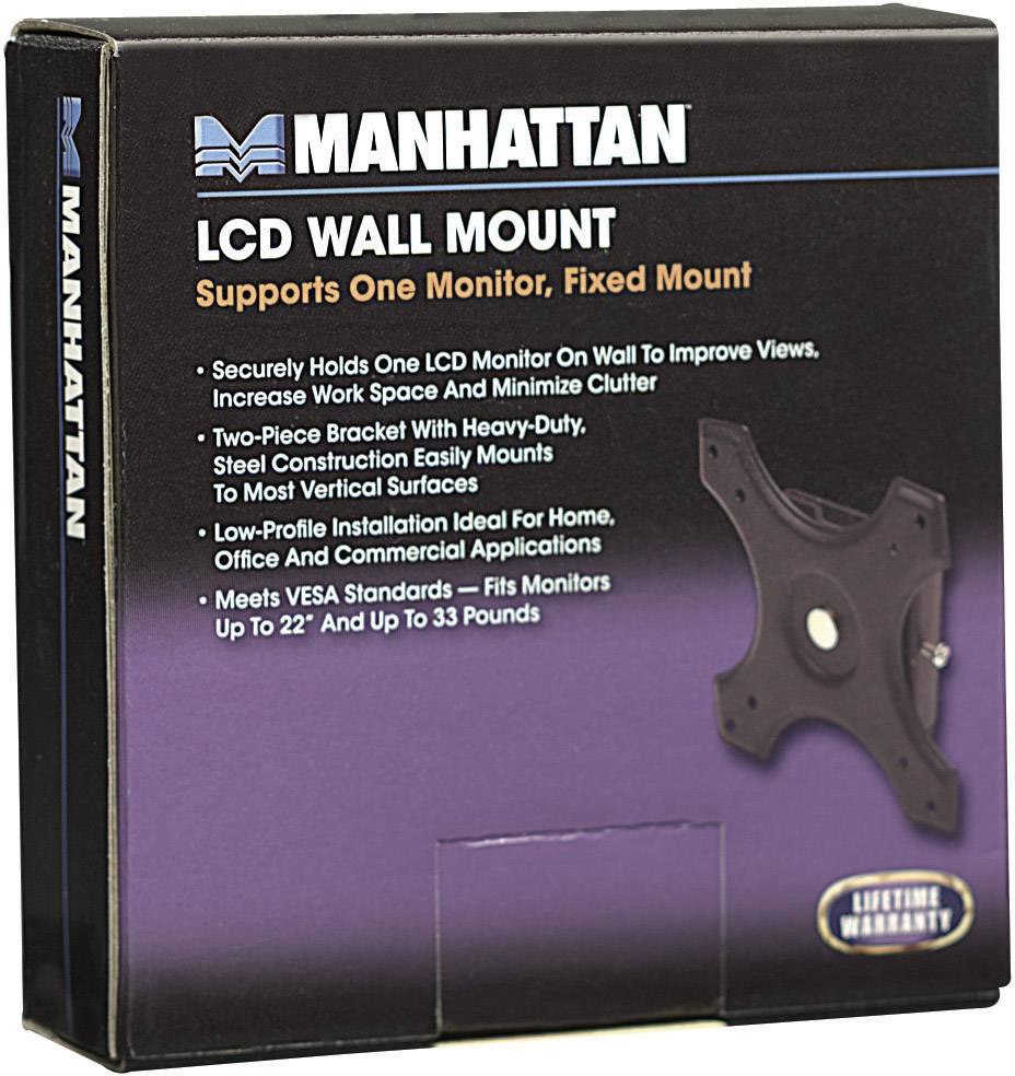 'Manhattan LCD Wall Mount' Box mit Bild der Halterung. Unterstützt bis zu 22 Zoll und 33 Pfund, ideal für Heim- und Büroanwendungen.