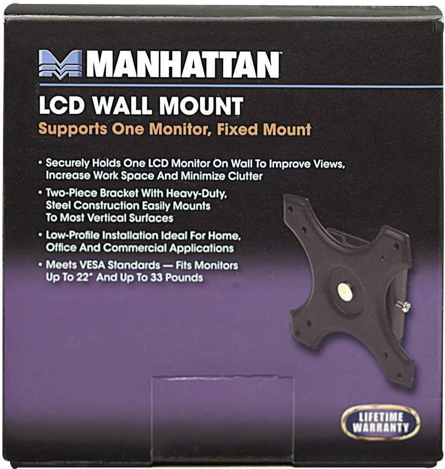 Manhattan LCD-Wandhalterung für einen Monitor, feste Montage. Unterstützt VESA-Standards und Monitore bis 33 Pfund. Lebenslange Garantie.