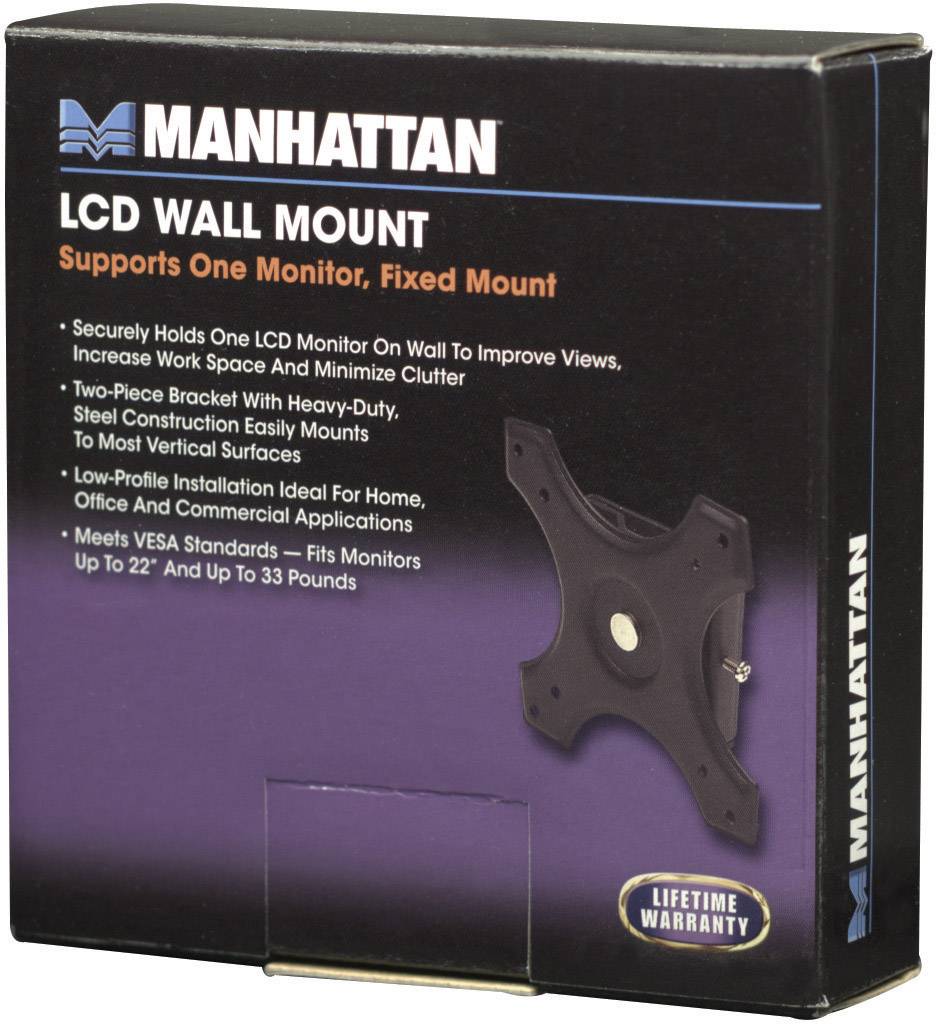 'Manhattan LCD Wall Mount' Verpackung mit Produktbild. Unterstützt einen Monitor und entspricht VESA-Standards. Lebenslange Garantie.