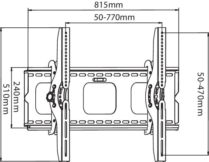 Technische Zeichnung einer TV-Wandhalterung mit Maßen: Breite 815mm, Höhe 510mm, verstellbare Breite 50-770mm, Höhe 50-470mm.