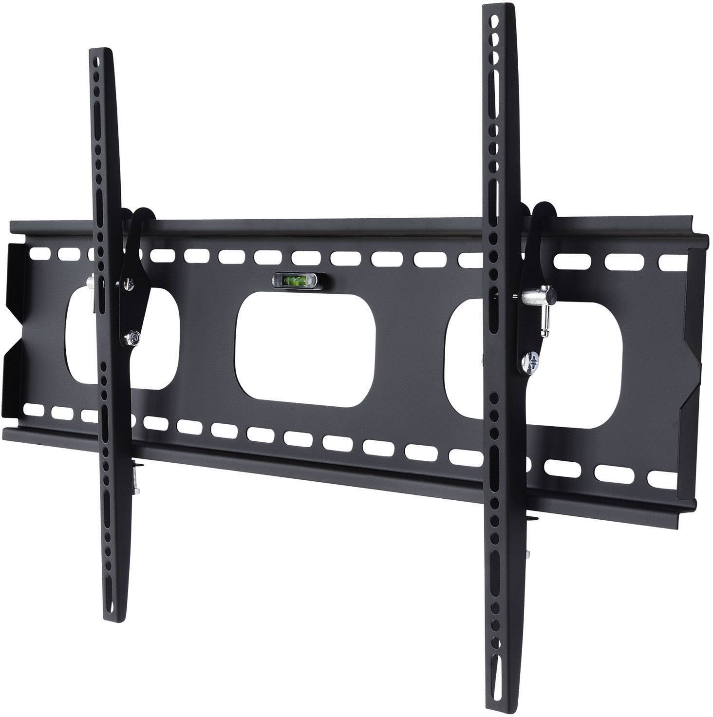 Eine schwarze, neigbare TV-Wandhalterung mit integrierter Wasserwaage, die für große Flachbildschirme geeignet ist.