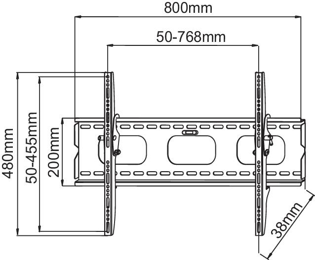 Technische Zeichnung einer TV-Wandhalterung mit Höhen- und Breitenangaben. Breite verstellbar von 50 bis 768 mm, Höhe 480 mm.