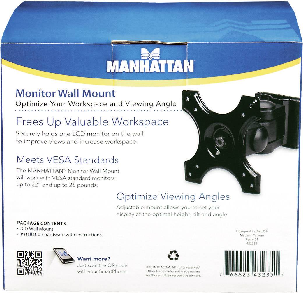 Manhattan 432351 Monitor-Wandhalterung 1 Display(s) 30,5 cm (12") - 55,9 cm (22") Schwarz Neigbar, Schwenkbar