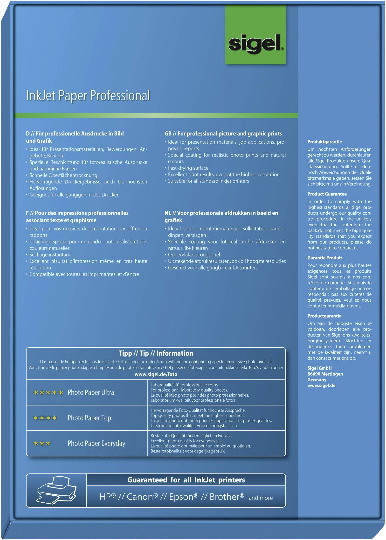 Sigel Inkjet Paper Professional IP286 Tintenstrahl Druckerpapier DIN A4 160 g/m² 100 Blatt Hochweiß