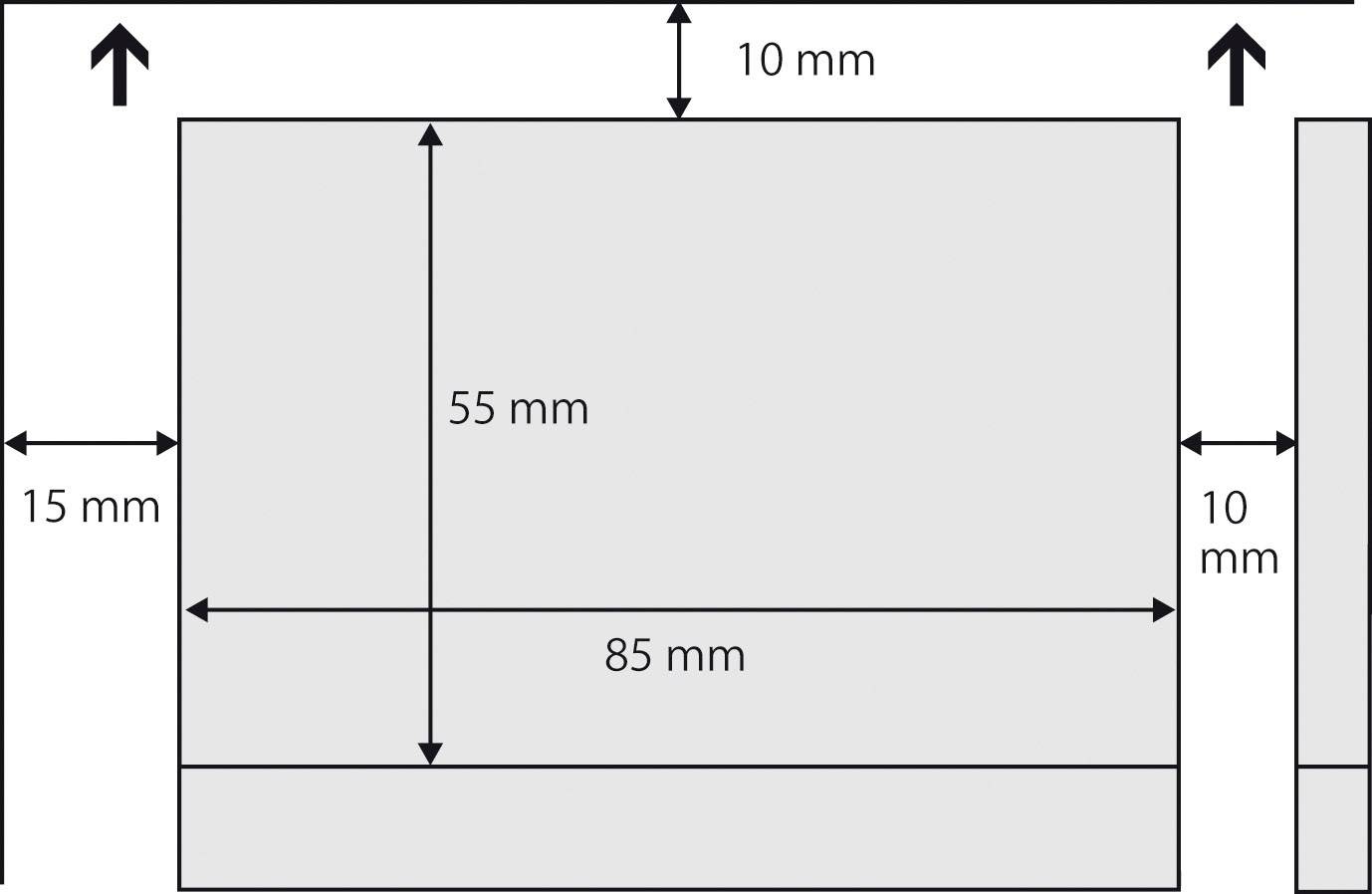 Technische Zeichnung eines Rechtecks mit den Maßen 85 mm x 55 mm; umliegende Pfeile zeigen Abstände von 10 mm und 15 mm an.