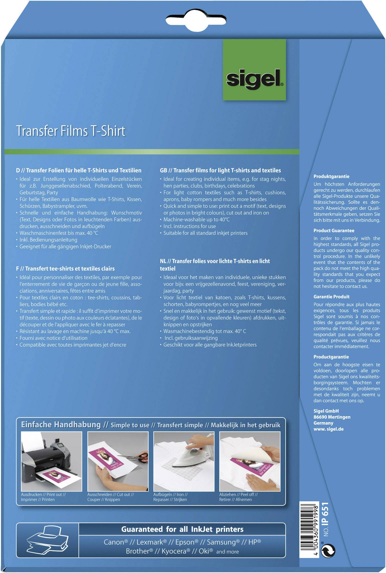 Sigel IP651 Tintenstrahl Textilfolie DIN A4 für helle Textilien 10 Blatt