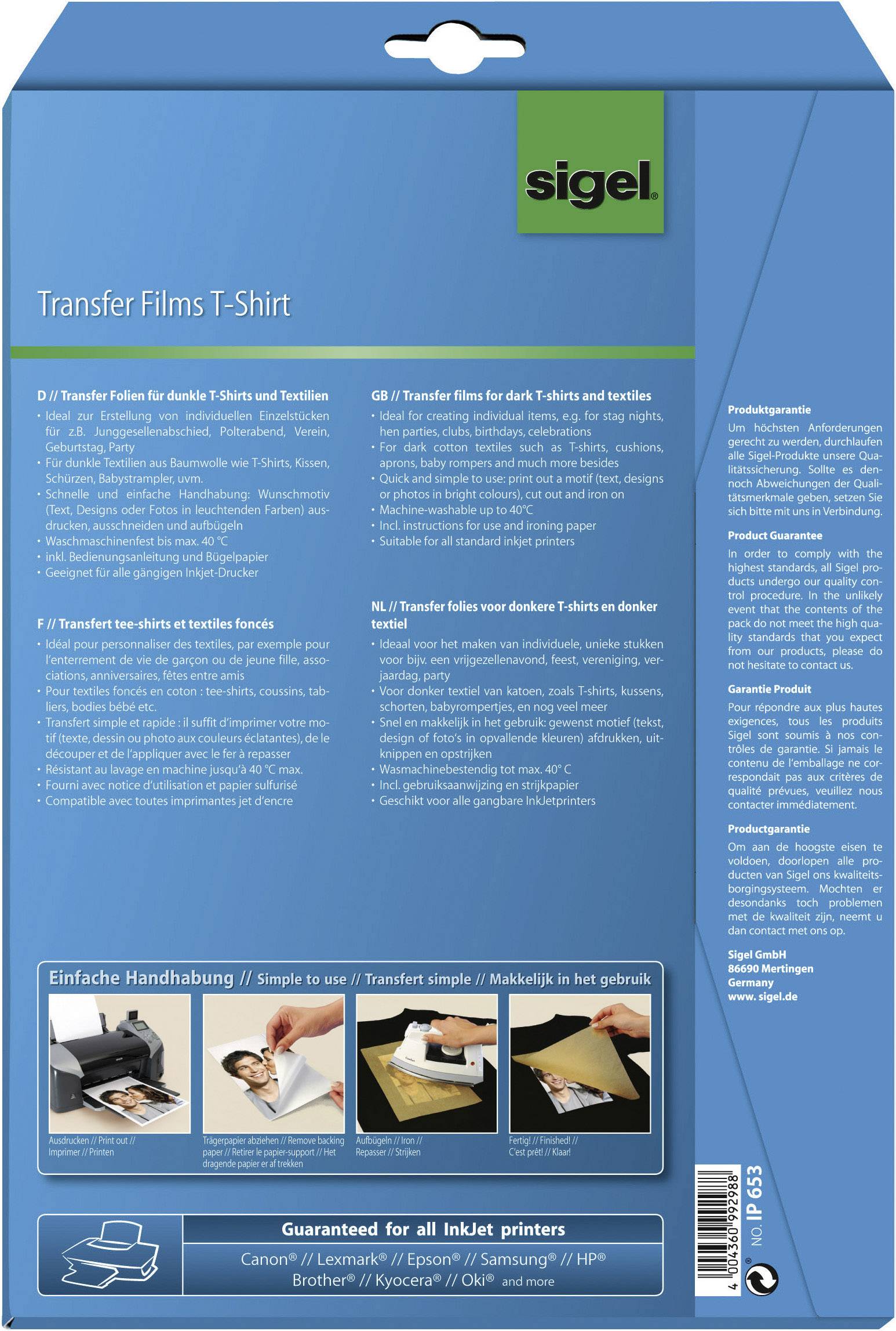 InkJet-Transfer-Folien für T-Shirts A4 für dunkle Textilien VE= 6 Blatt