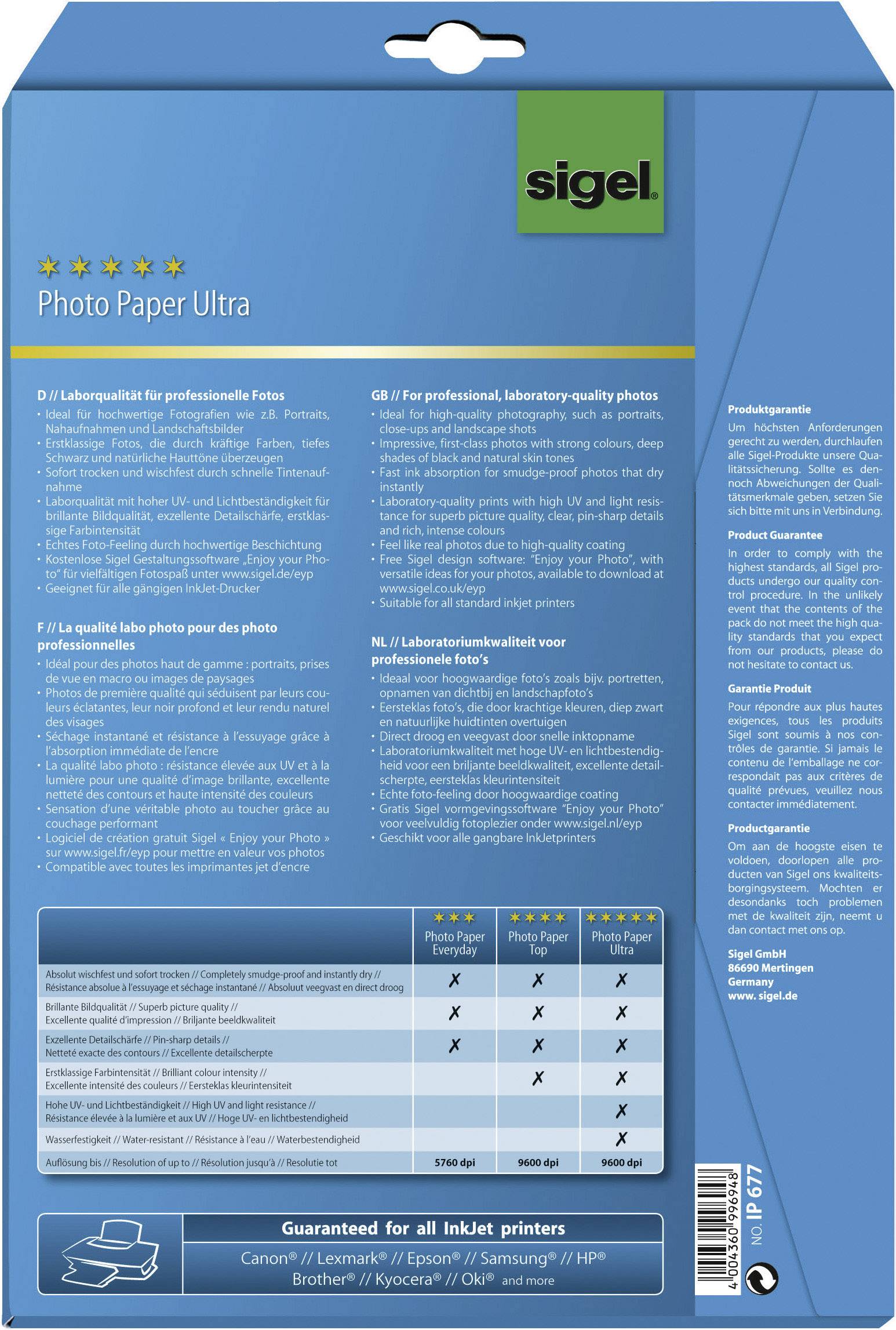Sigel Photo Paper Ultra IP677 Fotopapier DIN A4 20 Blatt Hochglänzend