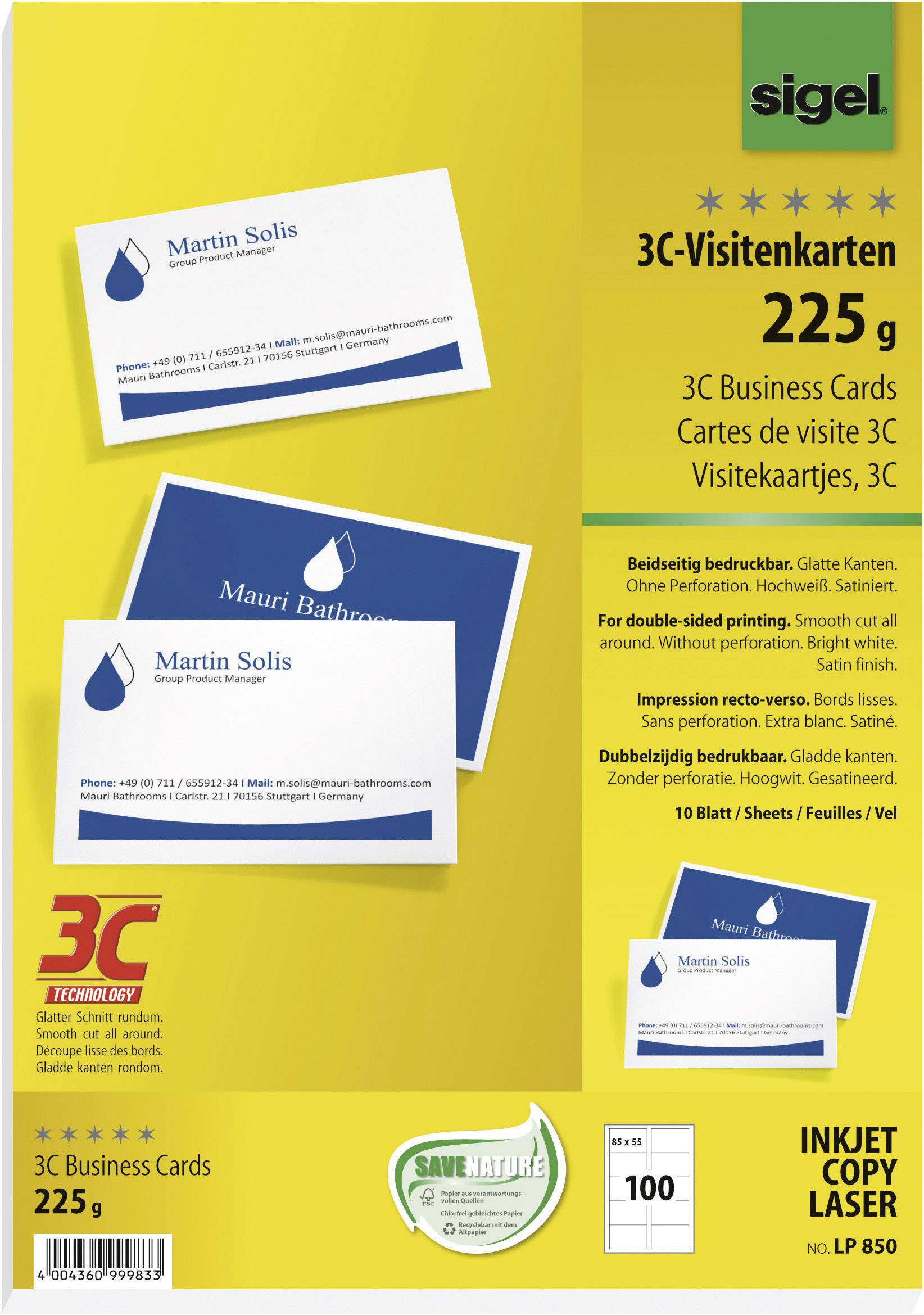 Sigel LP850 Bedruckbare Visitenkarten, glatte Kanten 85 x 55 mm Hochweiß 100 St.