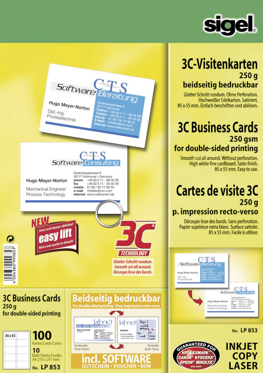 Sigel LP853 Bedruckbare Visitenkarten, glatte Kanten 85 x 55 mm Hochweiß 100 St.