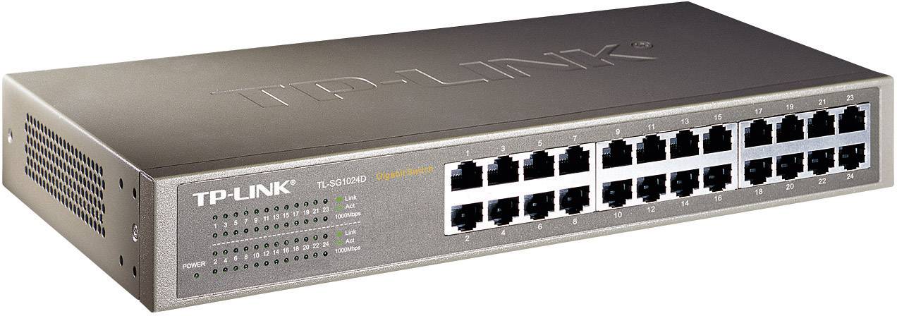 Ein 24-Port-Ethernet-Switch der Marke TP-Link, Modell TL-SG1024ND, geeignet für den Einsatz in Netzwerkumgebungen.
