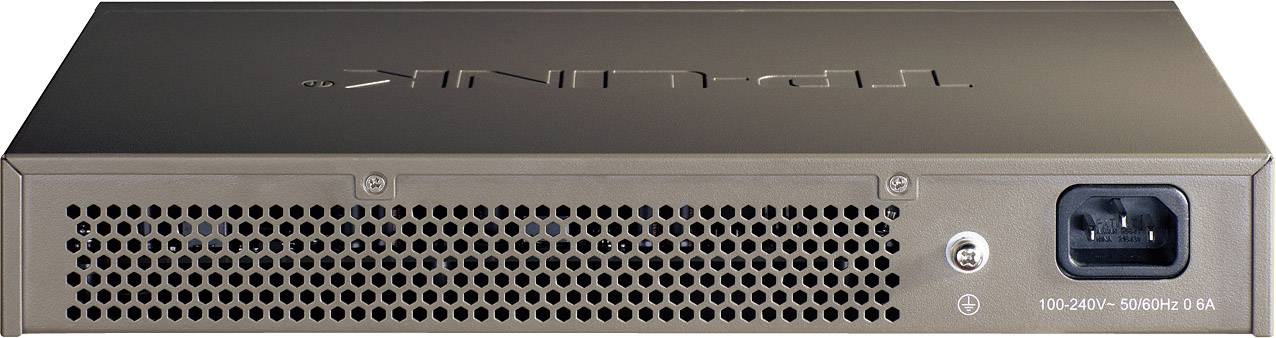 Ein schwarzer TP-Link-Netzwerk-Switch mit Lüftungsschlitzen und einem Netzkabelanschluss an der Rückseite.