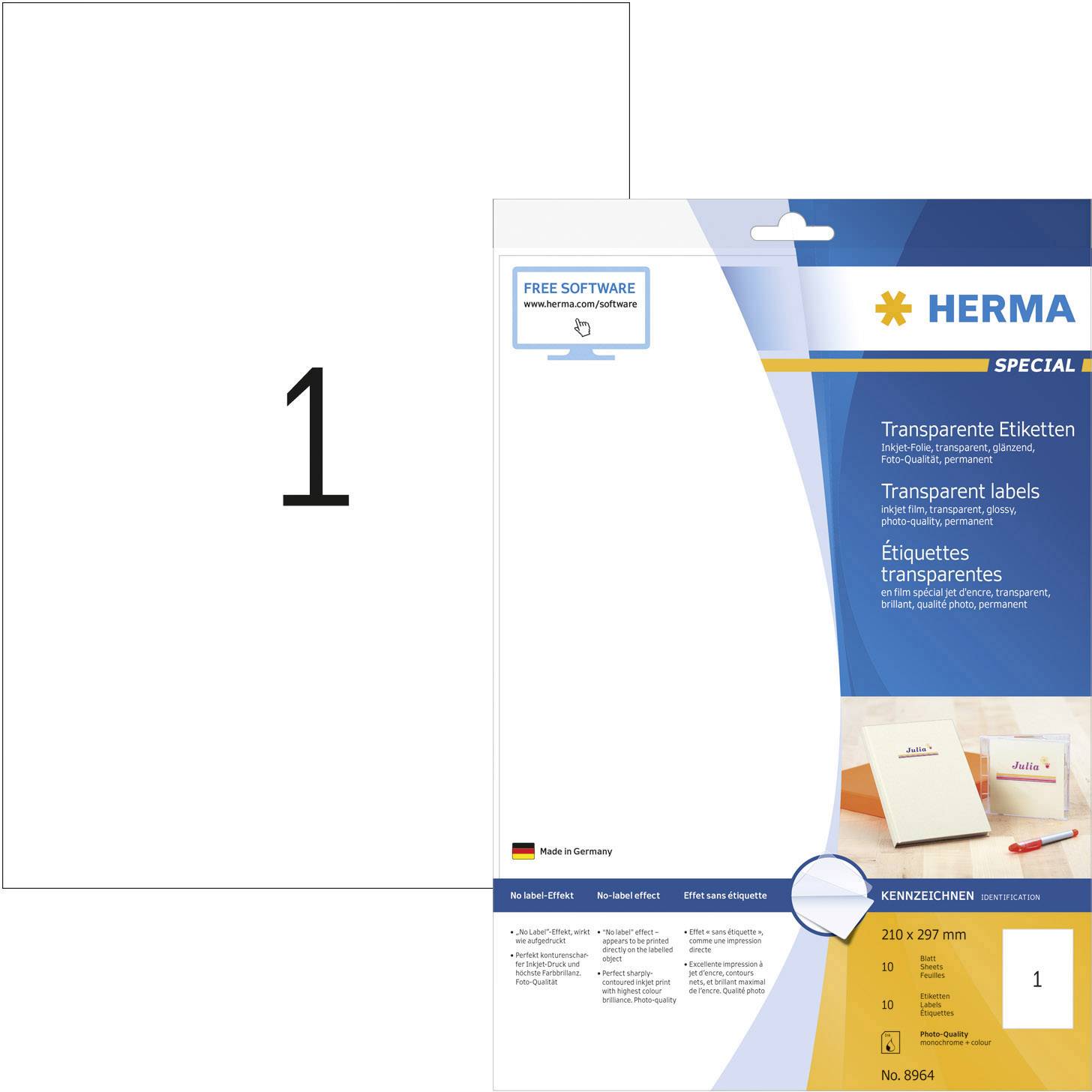 Herma 8964 Folien-Etiketten 210 x 297mm Folie Transparent 10 St. Permanent haftend Tintenstrahldrucker