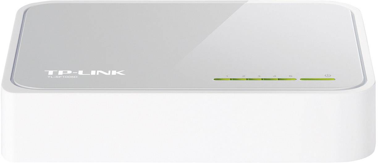 Ein weißer TP-Link Netzwerk-Switch mit fünf Ethernet-Ports und LED-Anzeigen auf der Vorderseite.