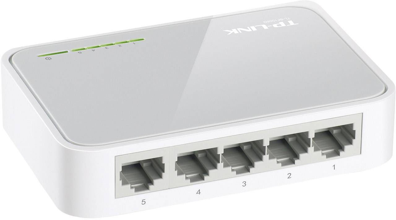 Kompakter weißer Ethernet-Switch mit fünf LAN-Anschlüssen und grünen Status-LEDs für Netzwerkverbindungen.